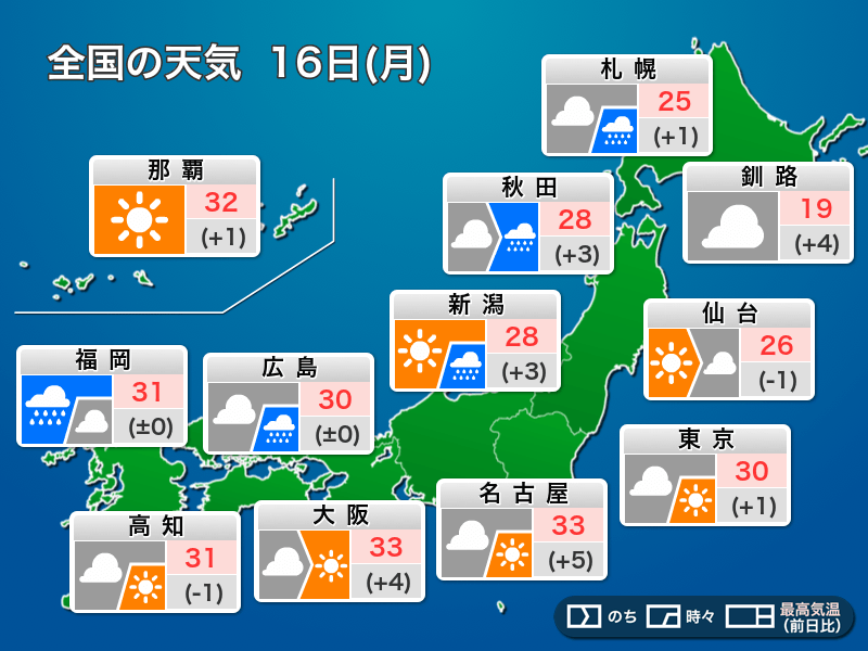 【天気】今日6月16日(月)の天気予報　全国的に厳しい蒸し暑さ　九州は強い雨や落雷に注意